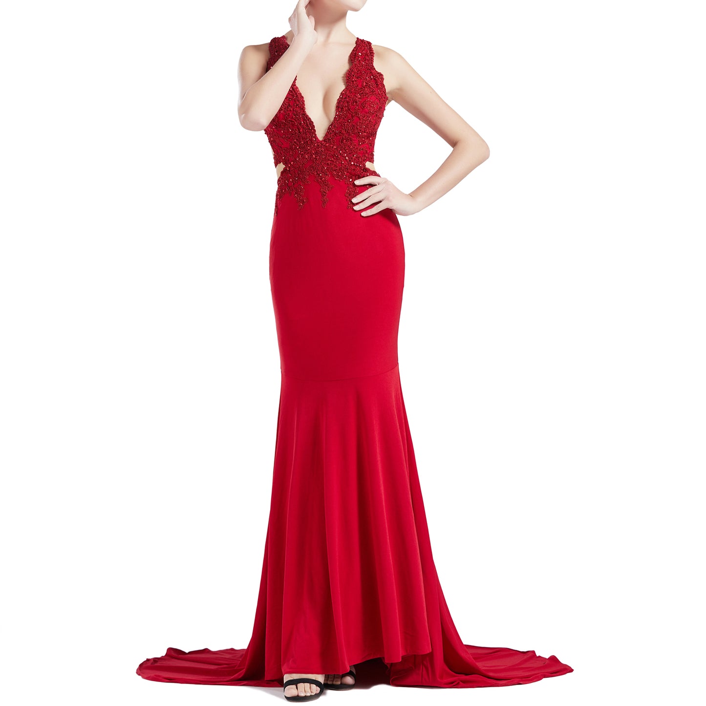 MACloth Damen Meerjungfrau V-Ausschnitt Spitze Langes Ballkleid Formales Abendkleid