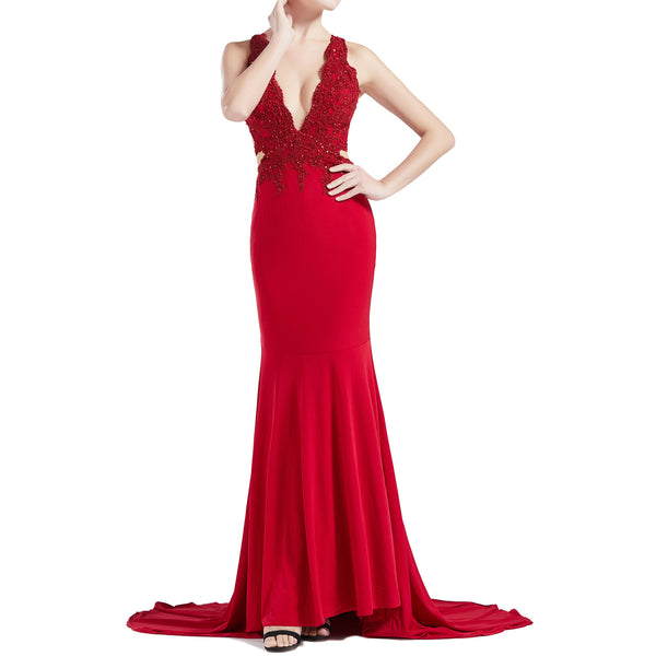 MACloth Women Mermaid V Plunging Neck Lace Long Prom Dresses Formal Evening Gown