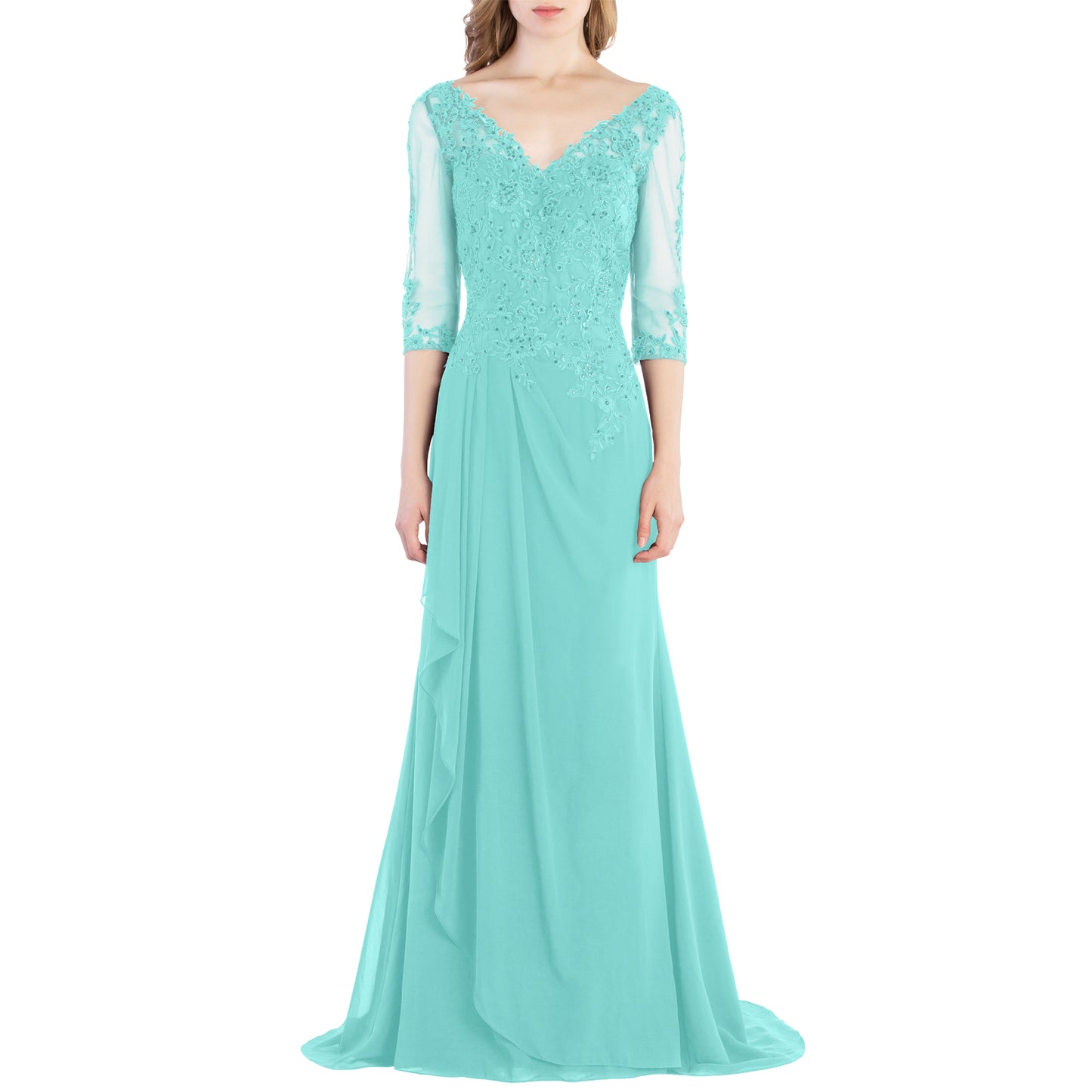 Vestido de novia largo de encaje con escote en V y mangas 3/4 de MACloth para madre de la novia y dama de honor