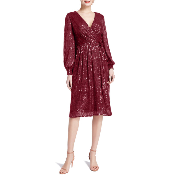 MACloth Women V Neck Long Sleeve Short Wrap Sequin Wedding Guest Cocktail Dress