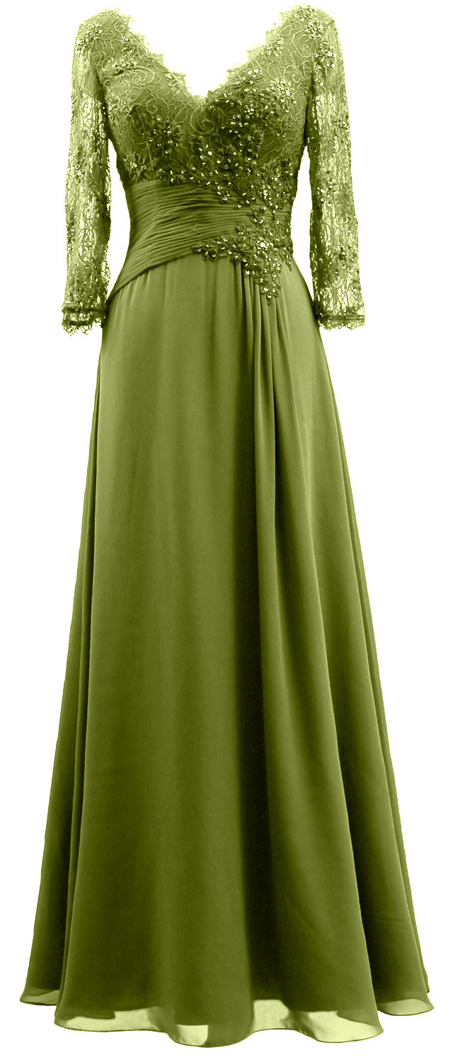 MACloth Women V Neck Long Mother of Bride Dresses 3/4 Sleeve Formal Evening Gown