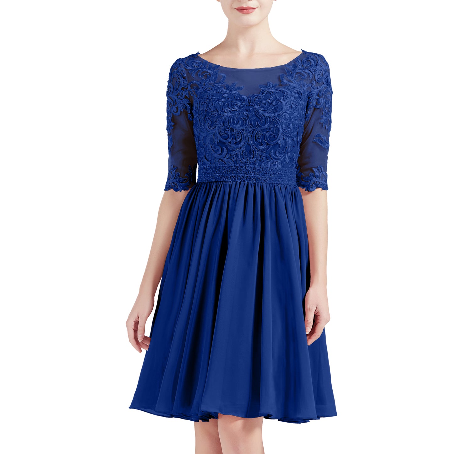 MACloth Women Half Sleeves Short Lace Beading Boat Neckline Mother of Bride Dresses Wedding Bridal Party