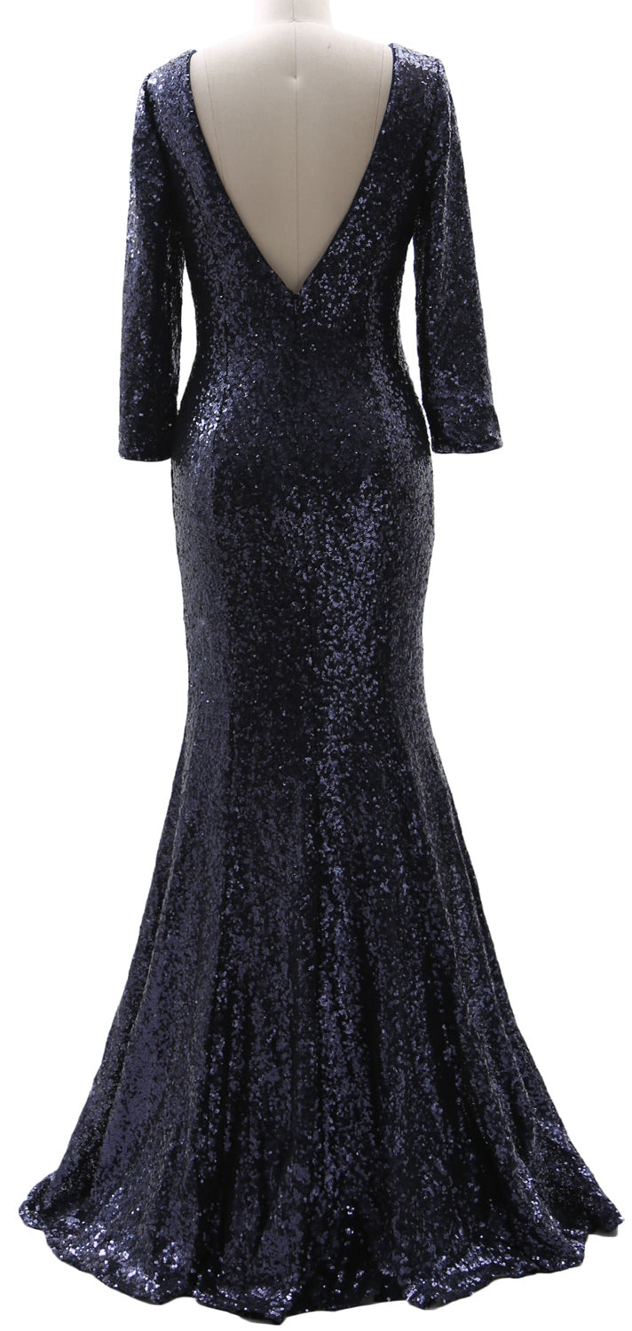 mother of the bride sequin dresses with sleeves Long Glitter Dress quarter sleeves and a modest illusion neckline for a refined look MACloth 3/4 Sleeve Sequin Long