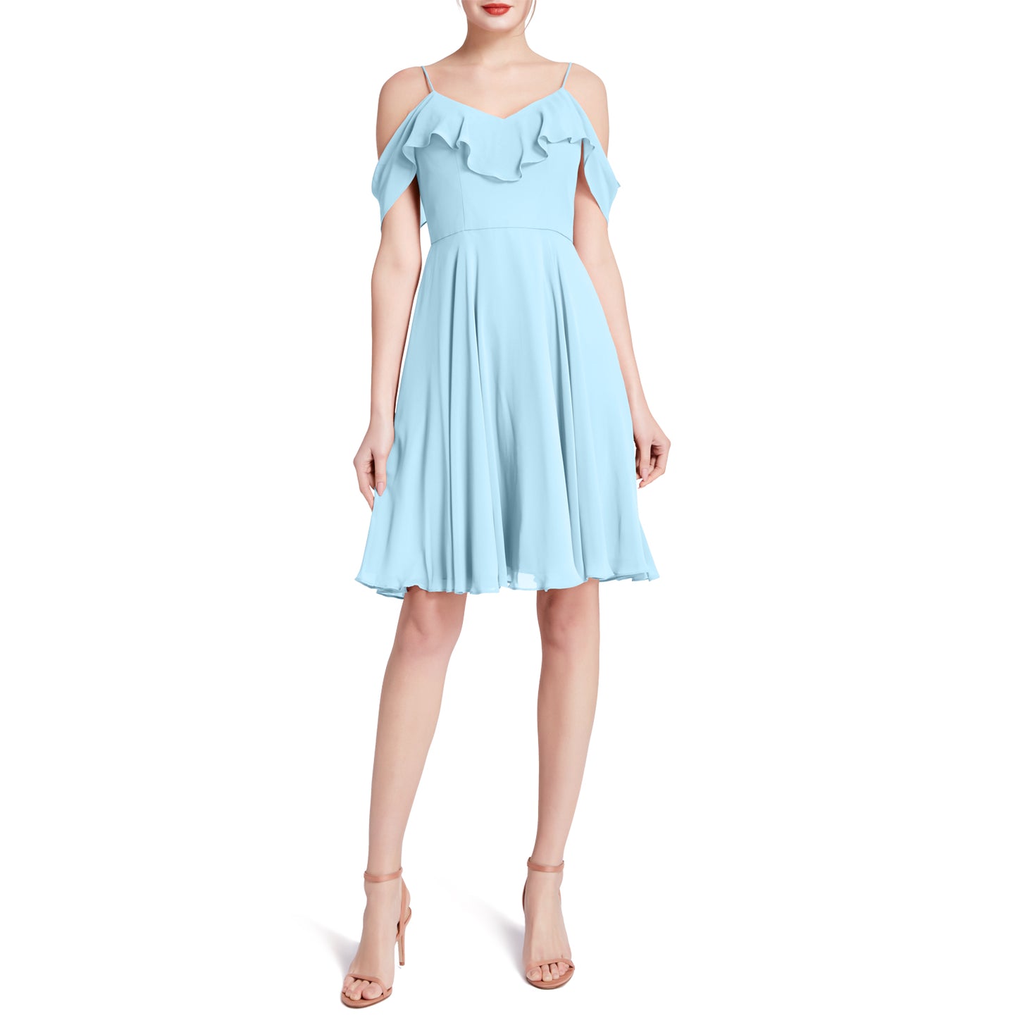 MACloth Damen-Kleid mit kalten Schultern und Rüschen, kurz, für Hochzeit, Party, Brautjungfern