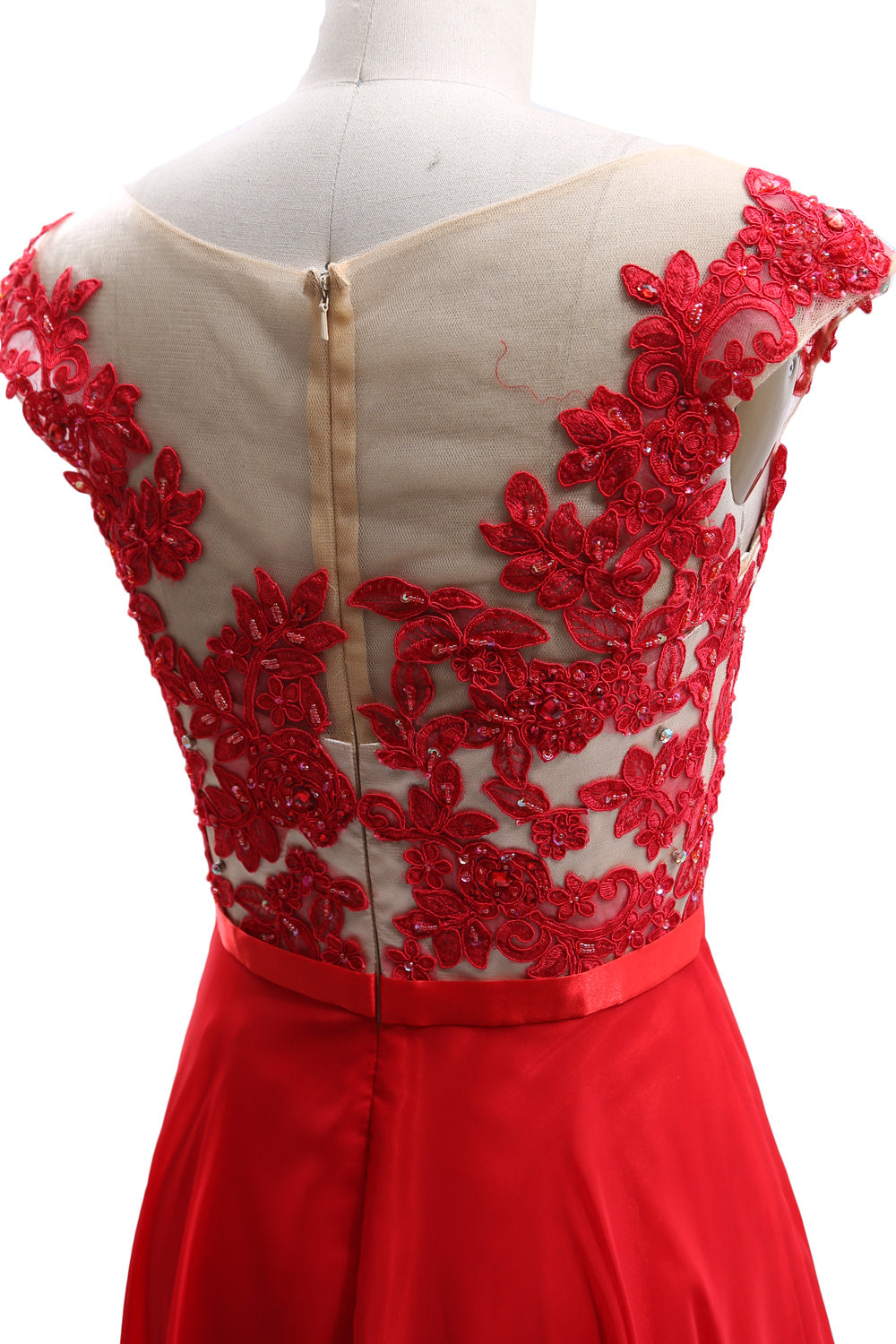 MACloth Cap Sleeves Illusion Long Prom Dress Lace Chiffon Wedding Party Dress