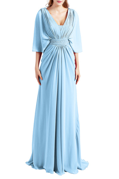 MACloth Women Elegant Long V Neck Mother of Bride Dresses Evening Gown Sleeves