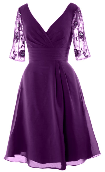MACloth Mother of Bride Short Dresses Half Sleeves V Neck Cocktail