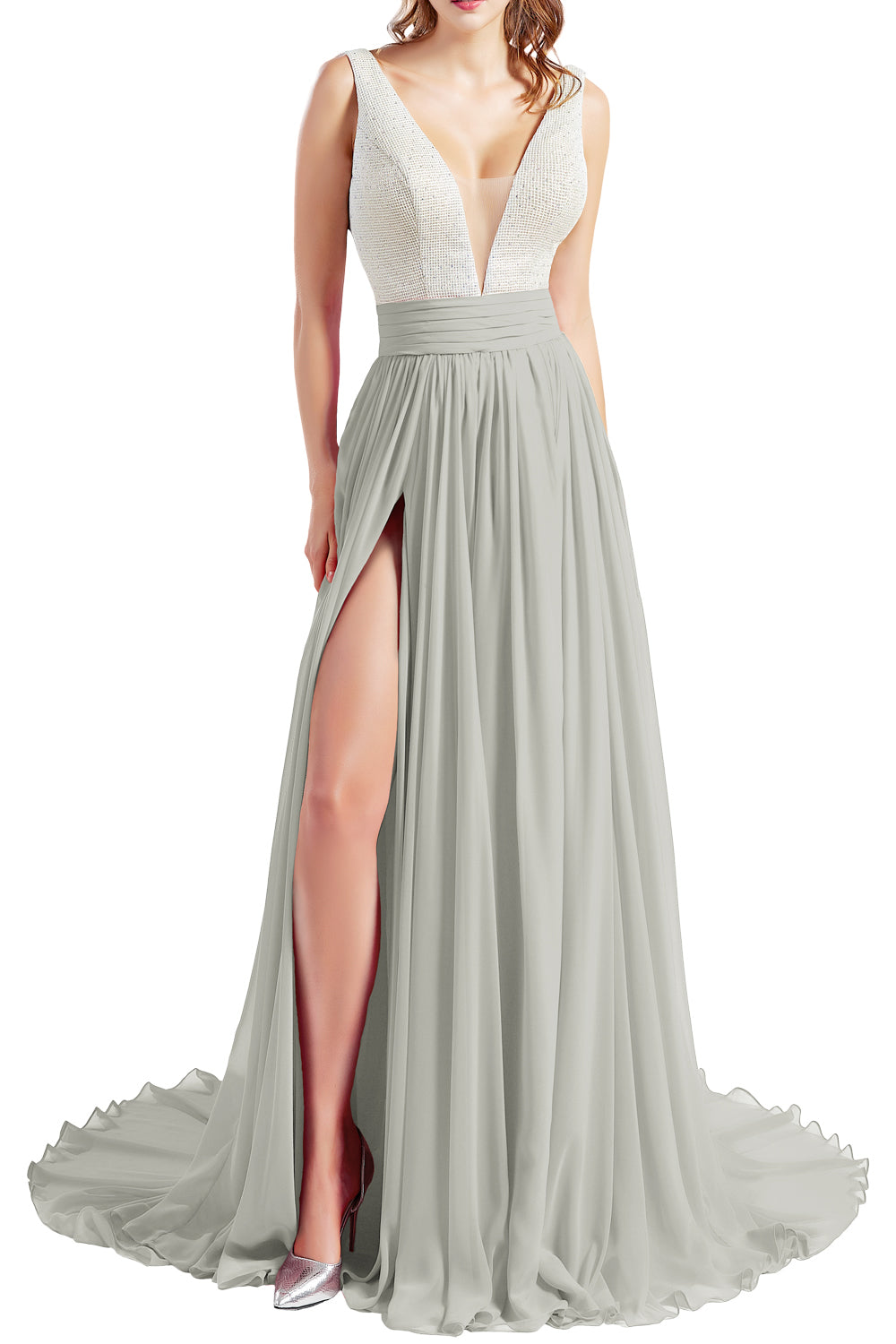 MACloth Women V Neck Long Prom Dresses Sleeveless Formal Evening Gown with Slit