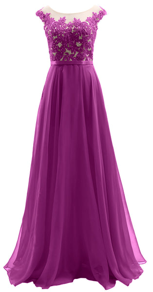 MACloth Cap Sleeves Illusion Long Prom Dress Lace Chiffon Wedding Party Dress