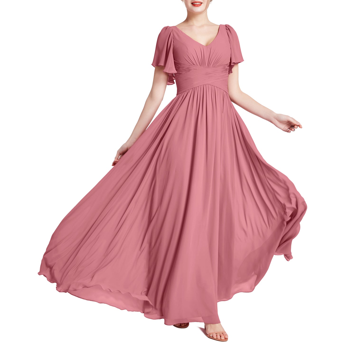 MACloth Vestidos de dama de honor románticos para fiesta de boda con cuello en V y manga corta para mujer