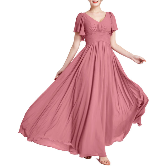 MACloth Vestidos de dama de honor románticos para fiesta de boda con cuello en V y manga corta para mujer