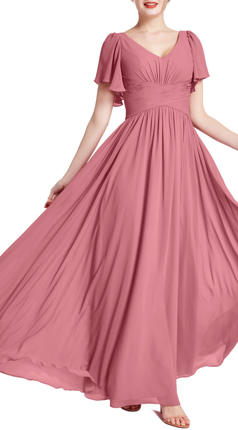 MACloth Women Short Sleeve V Neck Romantic Wedding Party Bridesmaid Dresses