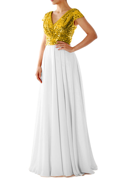 Cap Sleeves V Neck Sequin Chiffon Rose Gold Bridesmaid Dress