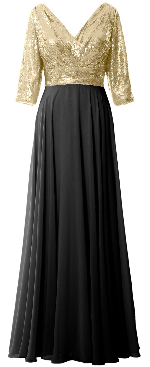 MACloth Damen Maxikleid mit langen Ärmeln und V-Ausschnitt und Pailletten