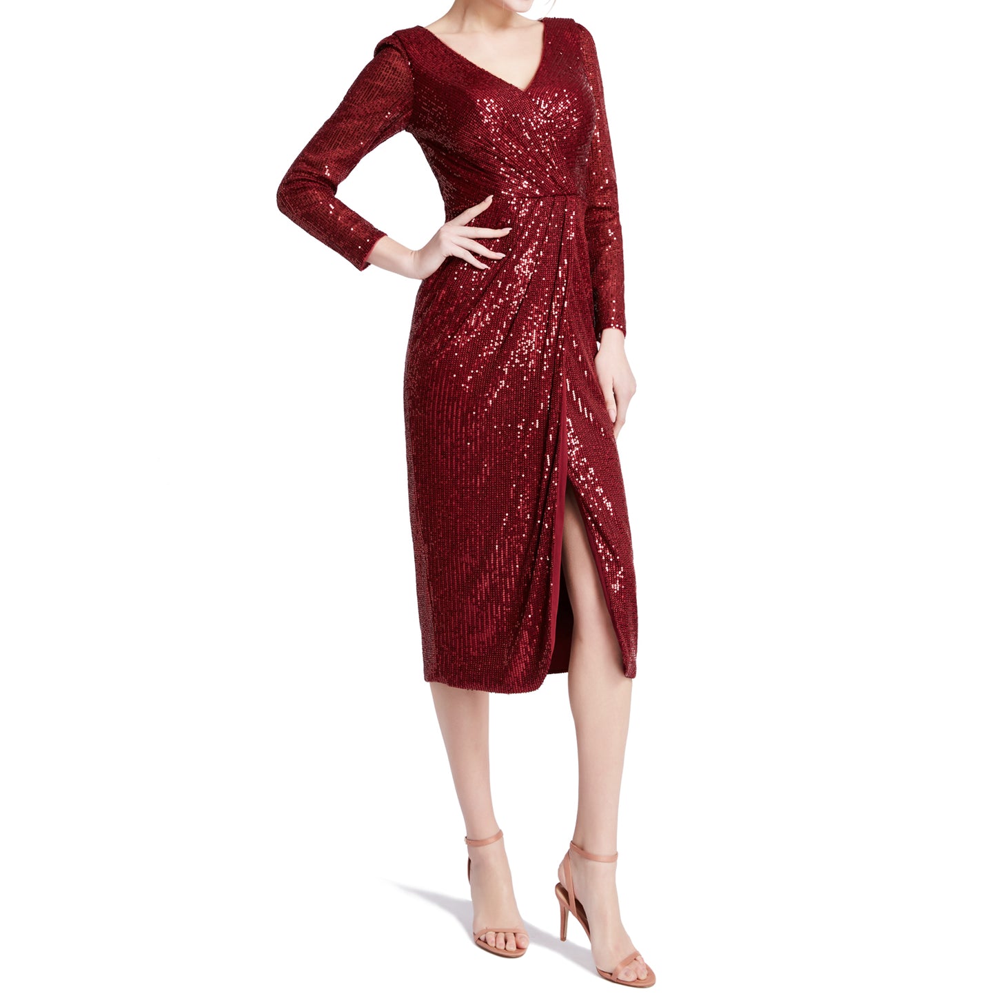 MACloth Damen Cocktailkleid mit langen Ärmeln, V-Ausschnitt, gerüscht, Wickeldesign, Pailletten