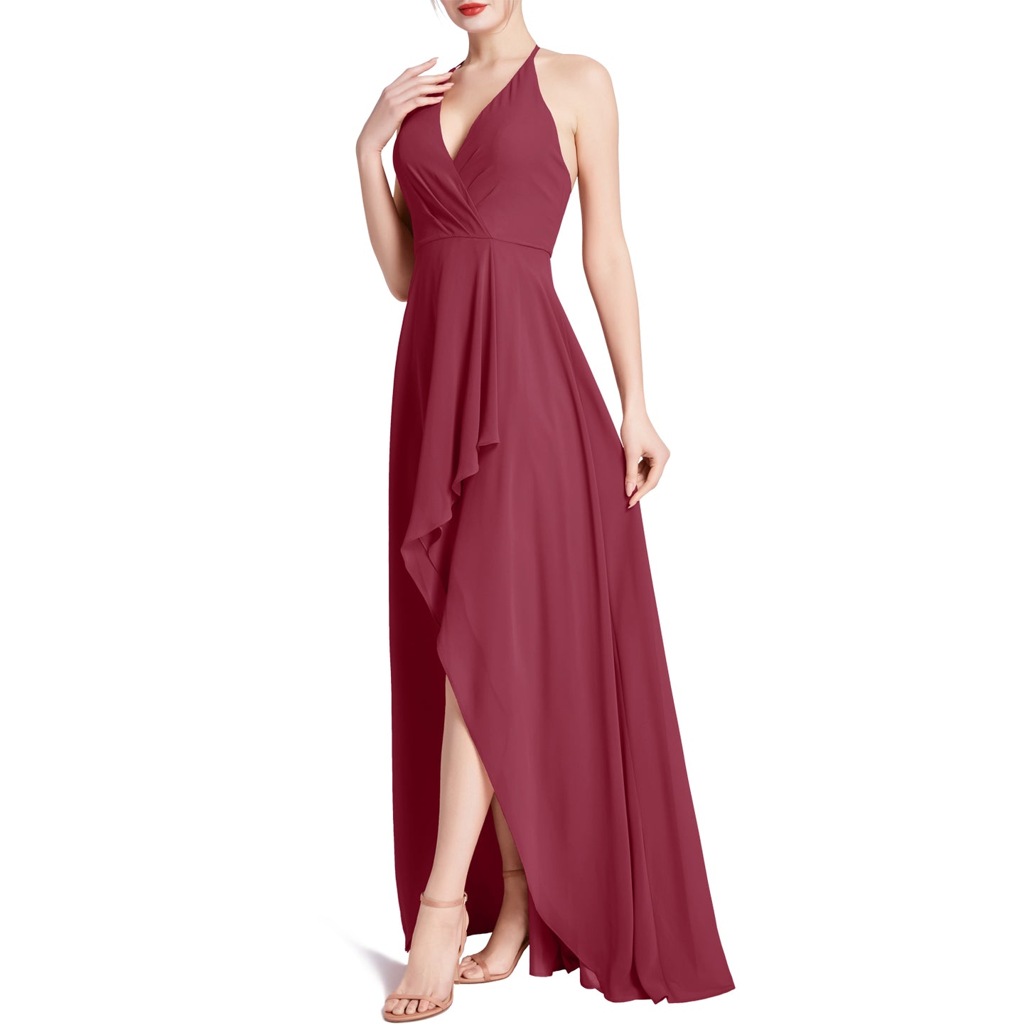 MACloth Women V Neck Halter Hi Lo Long Wedding Party Bridesmaid Dresses