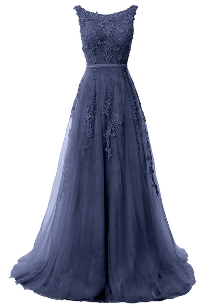 MACloth Lace Prom Dresses Boat Neck Sleeveless Lace Wedding Formal Evening Gown