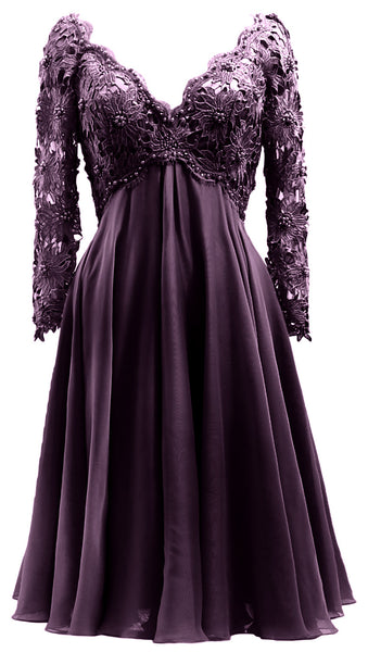 MACloth Women Long Sleeves Short Mother  Bride Dresses V Neck Cocktail Party