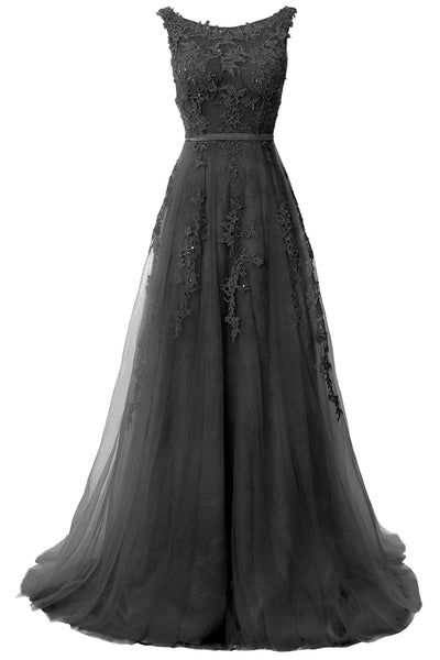 MACloth Lace Prom Dresses Boat Neck Sleeveless Lace Wedding Formal Evening Gown