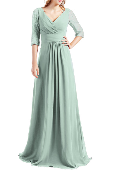 MACloth Women Half Sleeve V Neck Lace Long Wedding Party Bridesmaid Mother Dress
