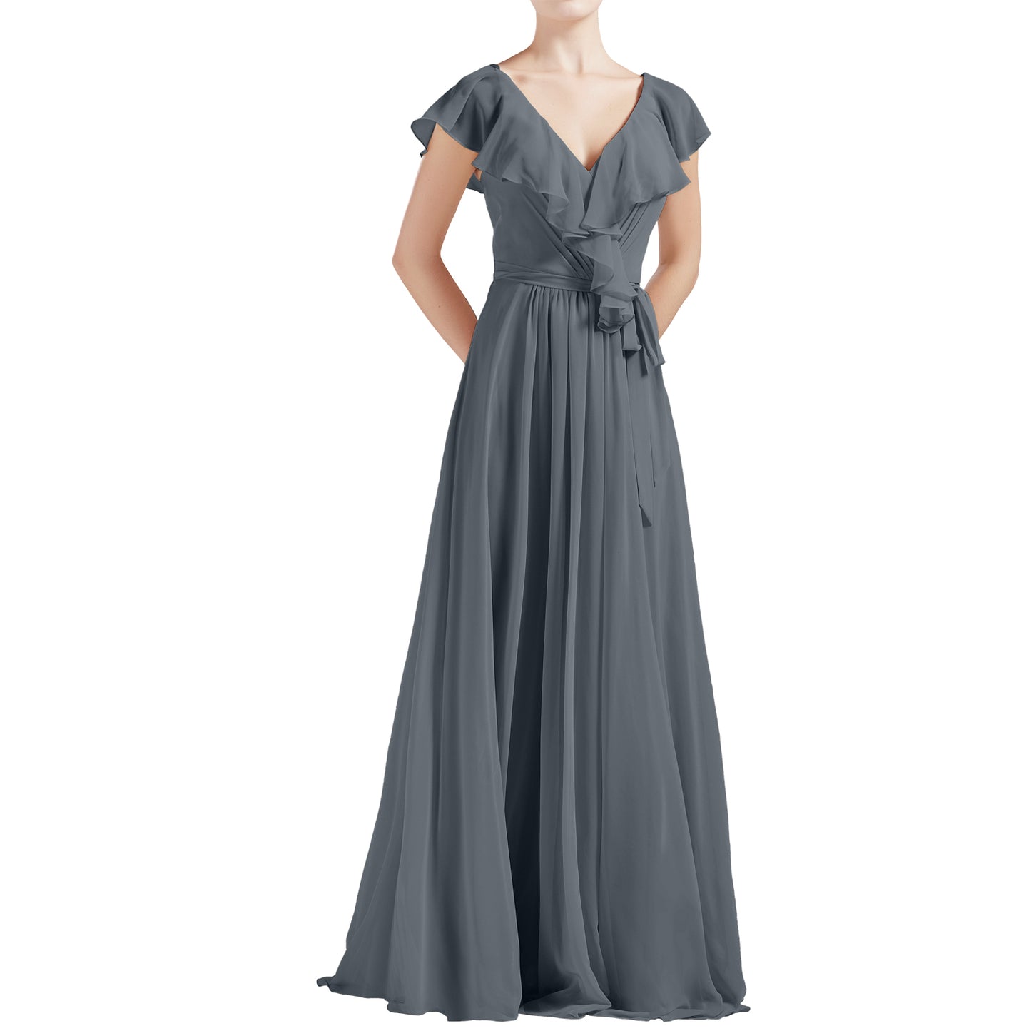 MACloth Women V Neck Ruffle Cap Sleeves Long Bridesmaid Dresses
