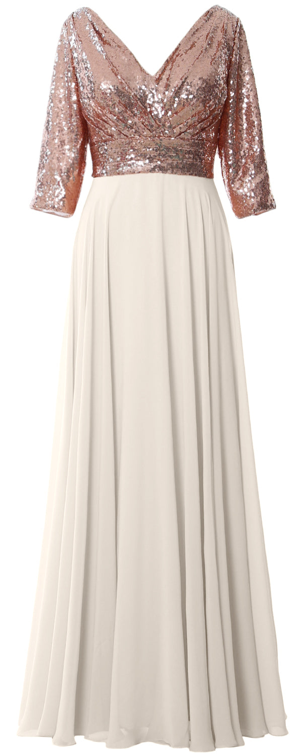 MACloth Damen Maxikleid mit langen Ärmeln und V-Ausschnitt und Pailletten