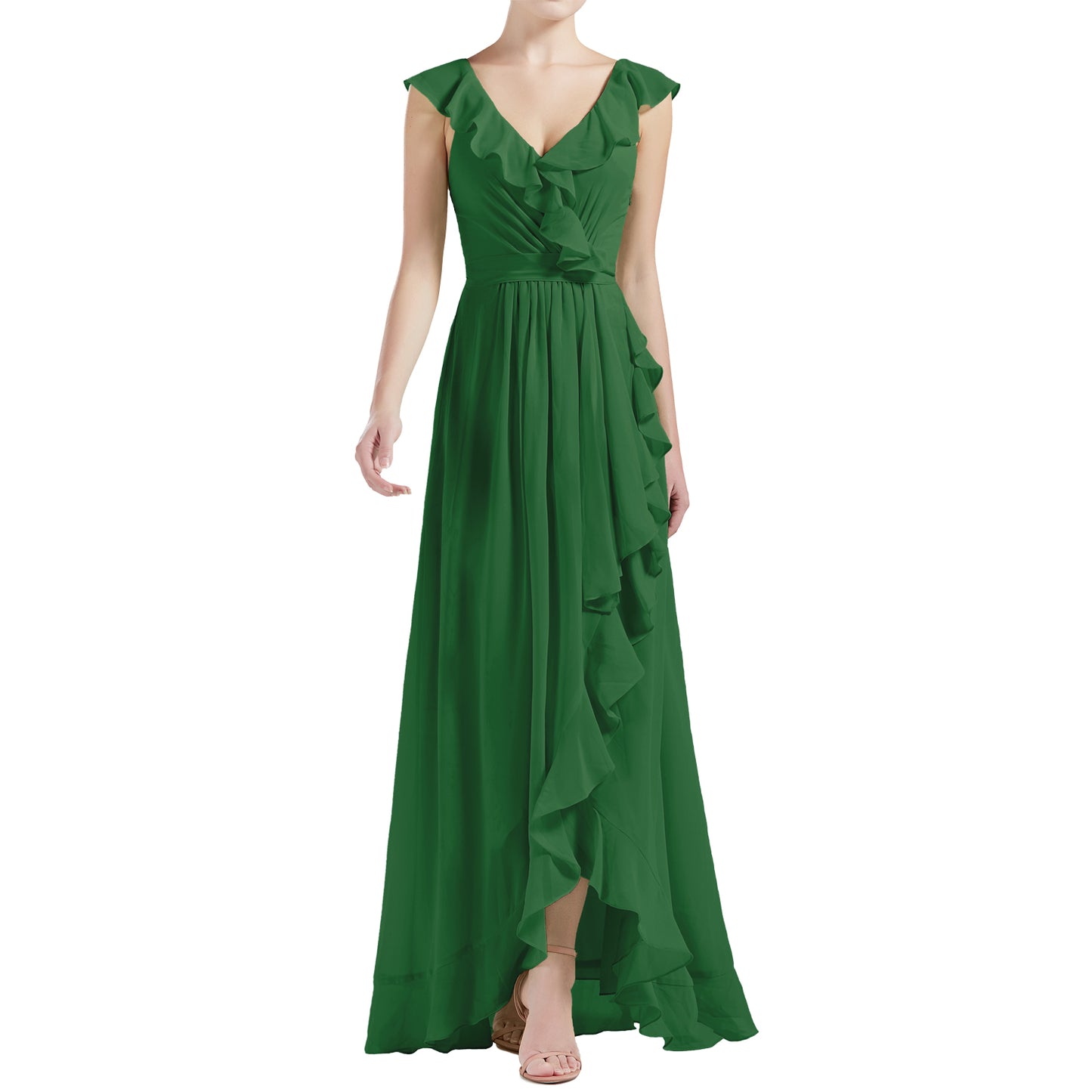 MACloth Women V Neck Ruffle Cap Sleeve Hi-Lo Long Wedding Bridesmaid Dresses