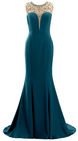 MACloth Women Mermaid Beaded Crepe Evening Gown 2020 Long Prom Party Dresses