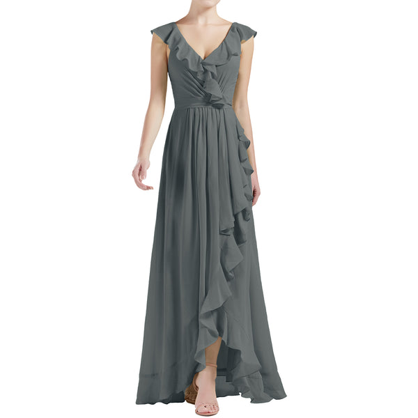 MACloth Women V Neck Ruffle Cap Sleeve Hi-Lo Long Wedding Bridesmaid Dresses