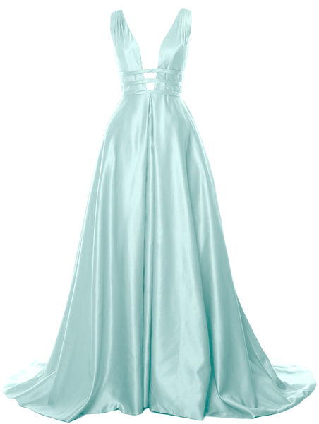 MACloth Women's Deep V Neck Prom Gown Satin Sleeveless Formal Evening Dresses