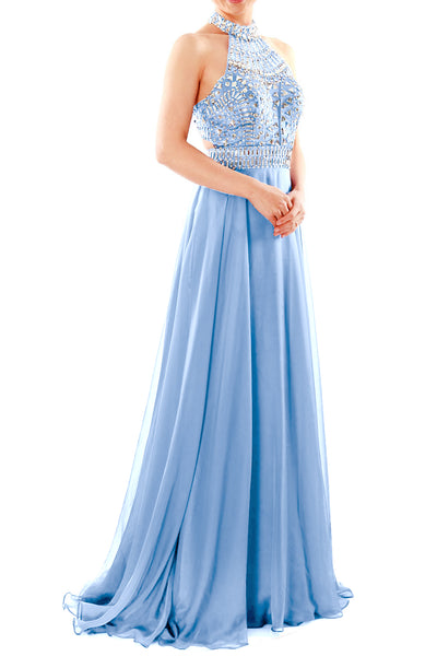 MACloth Women Halter High Neck Sleeveless Long Prom Party Dress Evening Gown