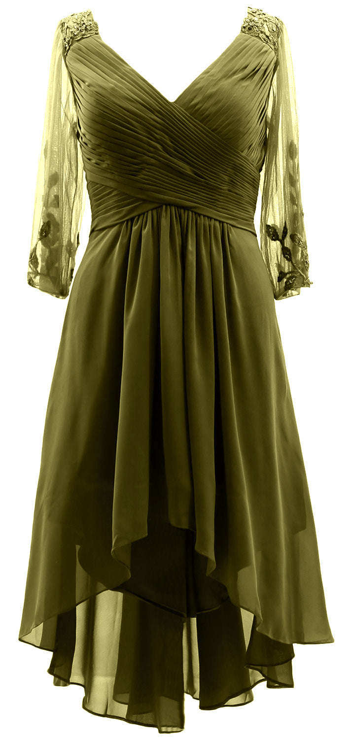 MACloth Damen Abendkleid mit V-Ausschnitt, High Low, für die Brautmutter, mit Ärmeln