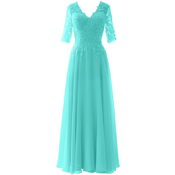MACloth Long Maxi Mother Bride Dresses Short Sleeve Lace V Neck Evening Gown