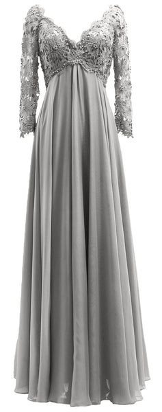MACloth Women Mother of Bride Dresses V Neck Lace Long Sleeves Evening Gown