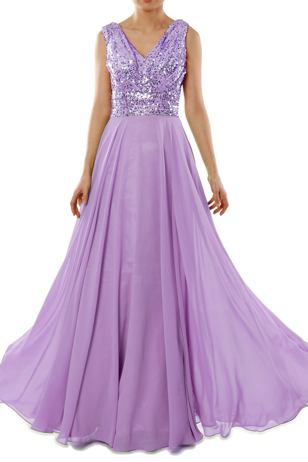 MACloth Women Sleeveless Long Bridesmaid Dresses V Neck Sequin Evening Gown