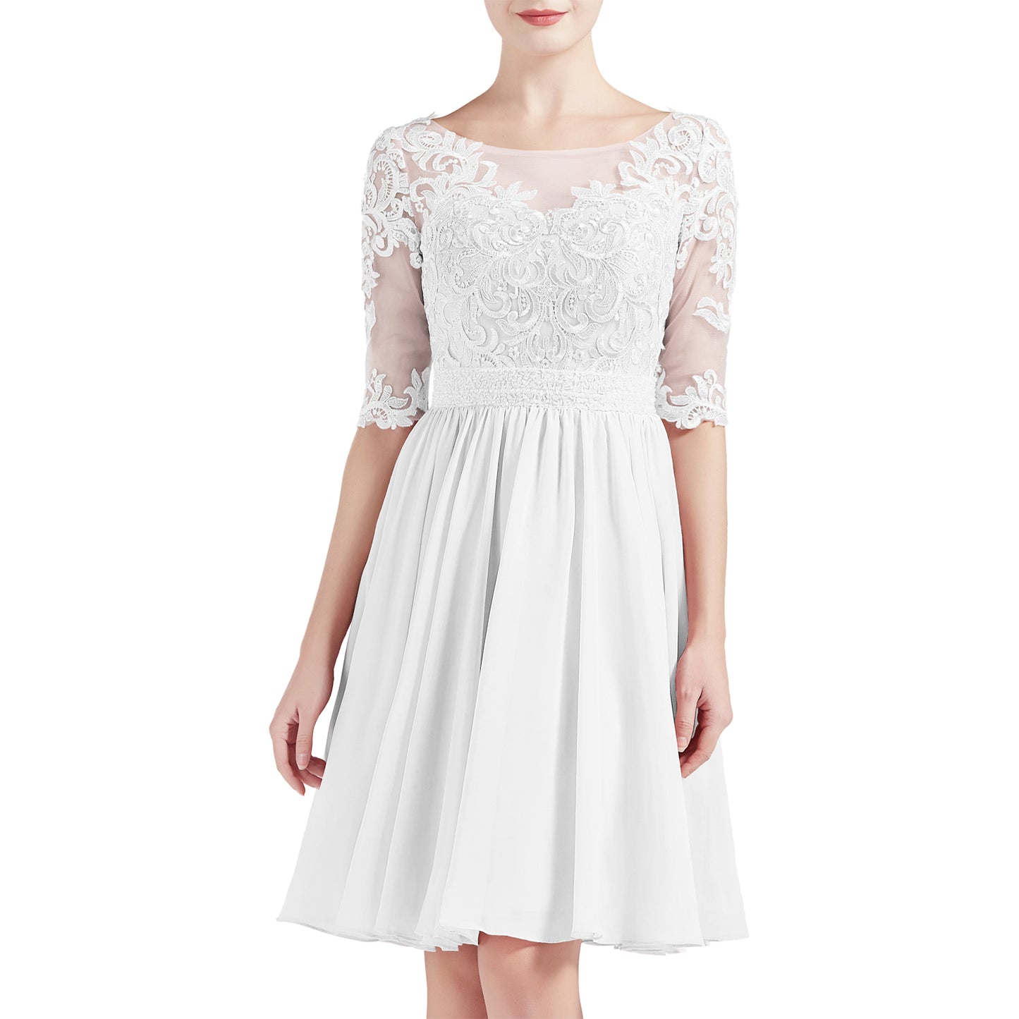 MACloth Women Half Sleeves Short Lace Beading Boat Neckline Mother of Bride Dresses Wedding Bridal Party