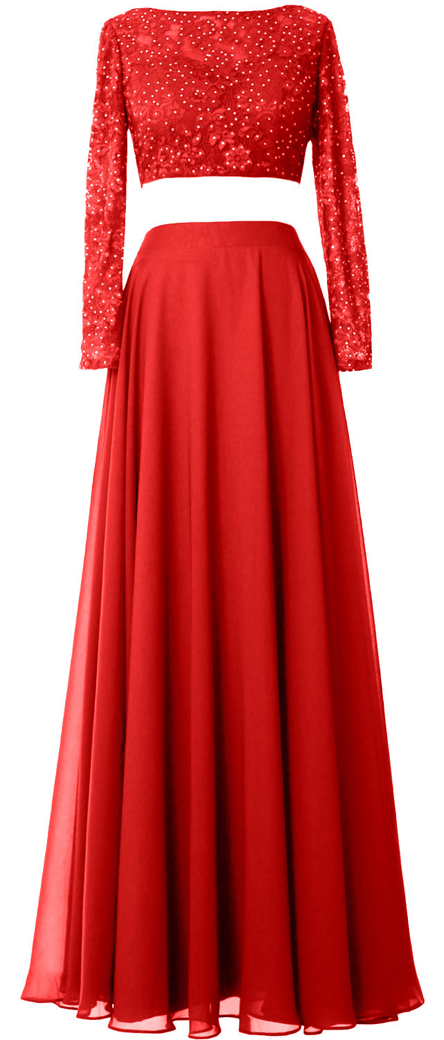MACloth Damen Abendkleid aus Spitze und Chiffon, 2-teilig, lange Ärmel, Ballkleid