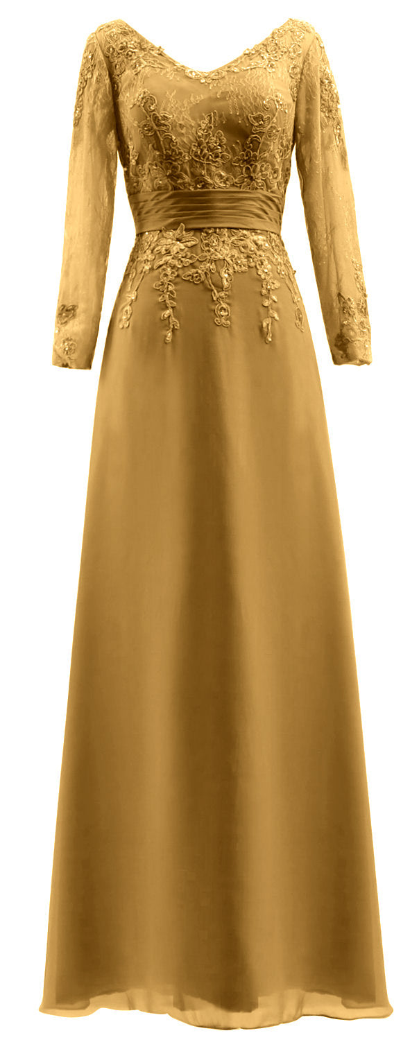 MACloth Vestidos de madre de la novia Mangas largas Cuello en V Encaje Vestido de noche formal