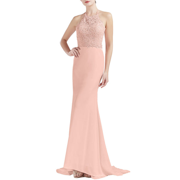 MACloth Women Sleeveless Halter Jersey Mermaid Long Prom Party Dresses Evening