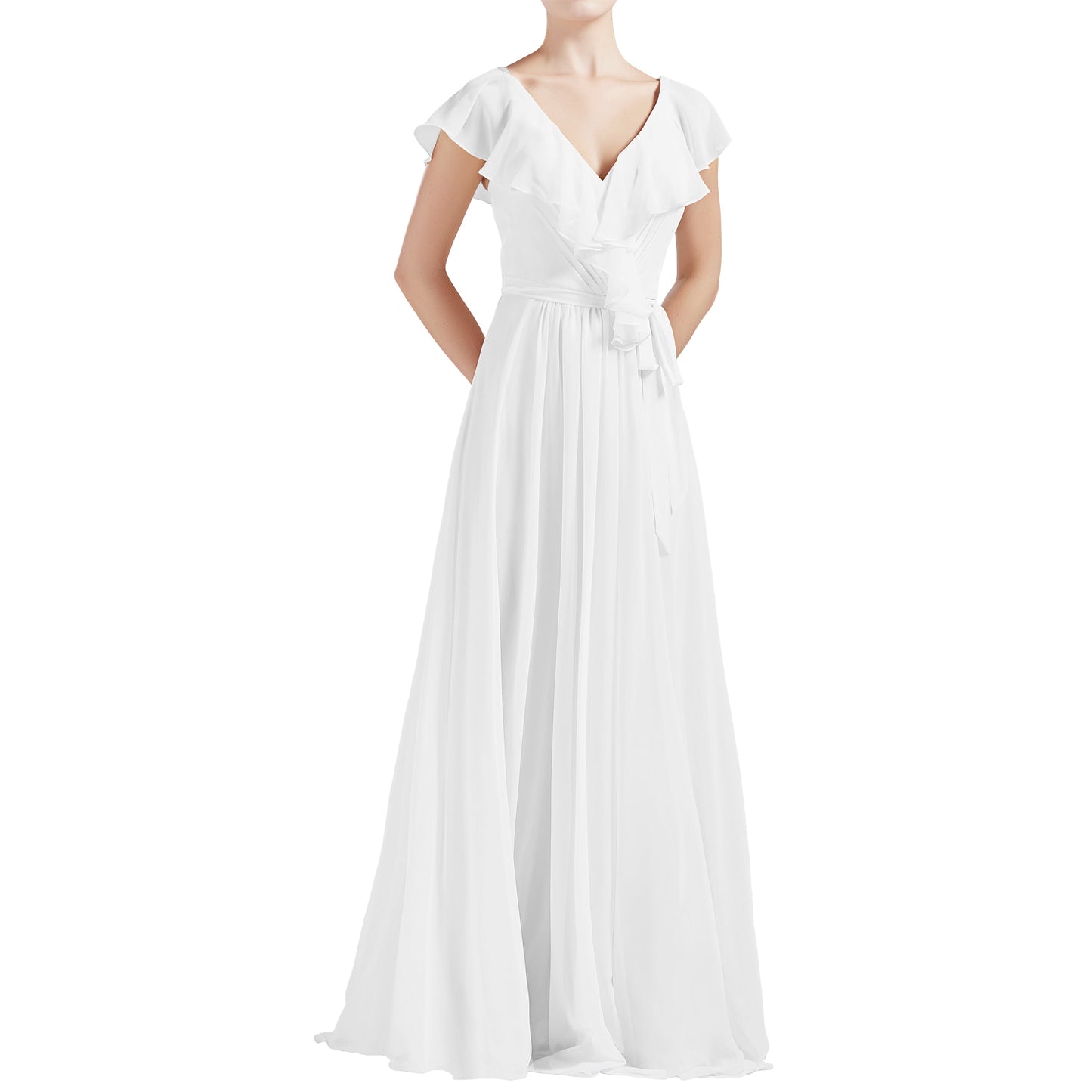 MACloth Women V Neck Ruffle Cap Sleeves Long Bridesmaid Dresses