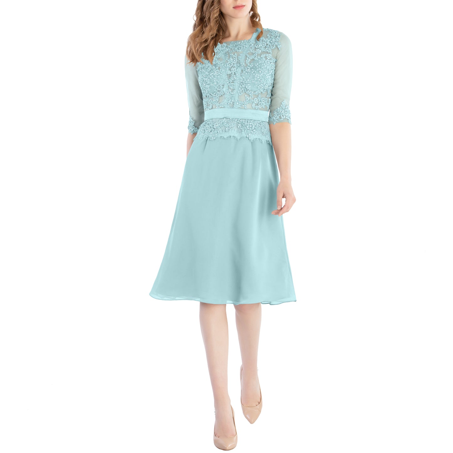 MACloth Damen-Kleid mit Rundhalsausschnitt, Perlenspitze, kurze Halbärmel, für die Brautmutter, Hochzeit, Brautparty