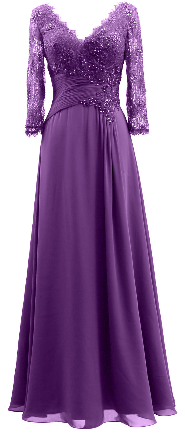 Macloth Women V Neck Long Mother of Bride Dresses 3/4 Sleeve Formal Evening Gown Purple / Above Knee / Custom Size