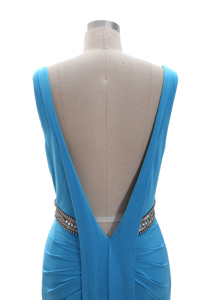 MACloth Women Straps V Neck Jersey Formal Evening Gown Beaded Long Prom Dress