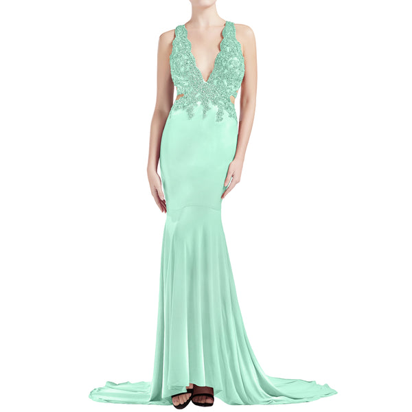 MACloth Women Mermaid V Plunging Neck Lace Long Prom Dresses Formal Evening Gown