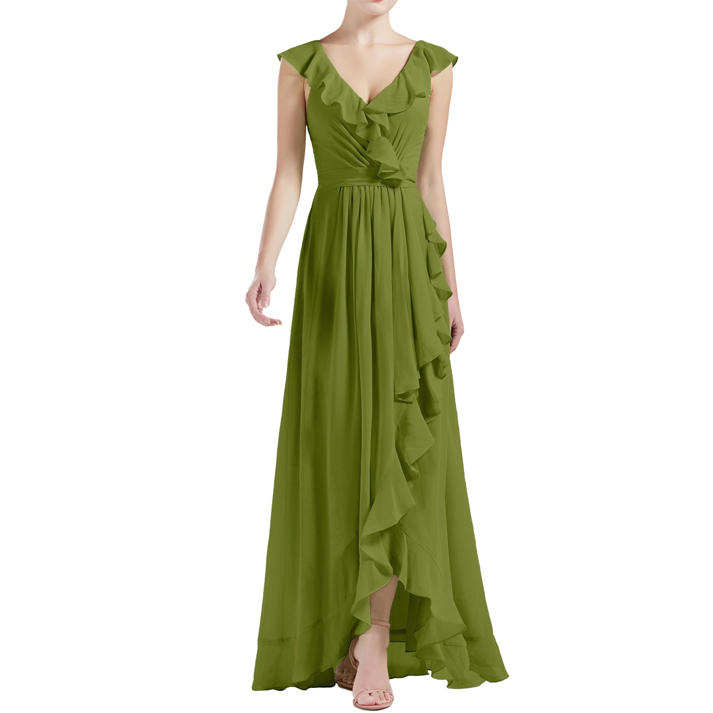 MACloth Women V Neck Ruffle Cap Sleeve Hi-Lo Long Wedding Bridesmaid Dresses