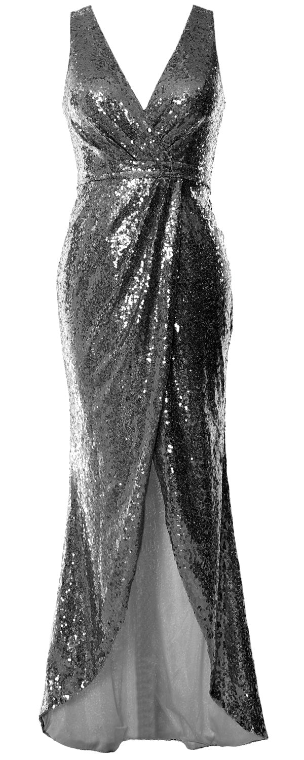 MACloth Women Sequin V Neck Wrap Long Bridesmaid Dresses Wedding Prom Gown