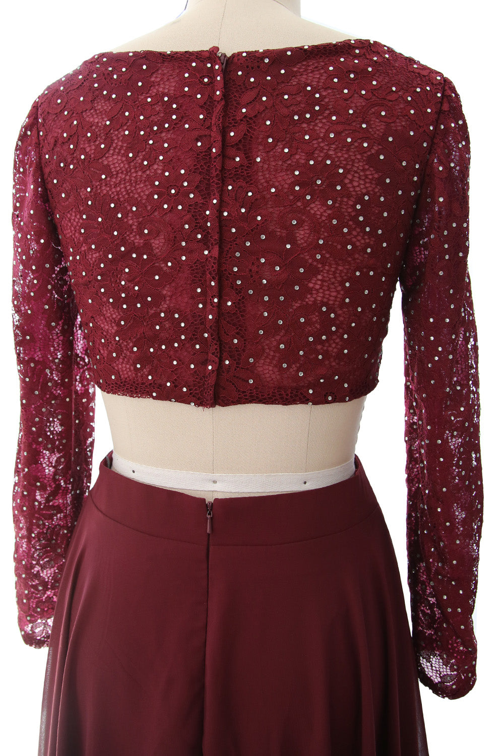 MACloth Damen Abendkleid aus Spitze und Chiffon, 2-teilig, lange Ärmel, Ballkleid