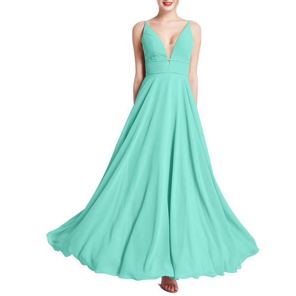 MACloth Women Plunge V Neck Long Elegant Wedding Party Bridesmaid Dresses