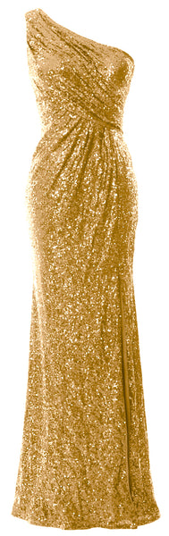 MACloth Sequin Prom Dresses with Split Mermaid One Shoulder Formal Evening Gown