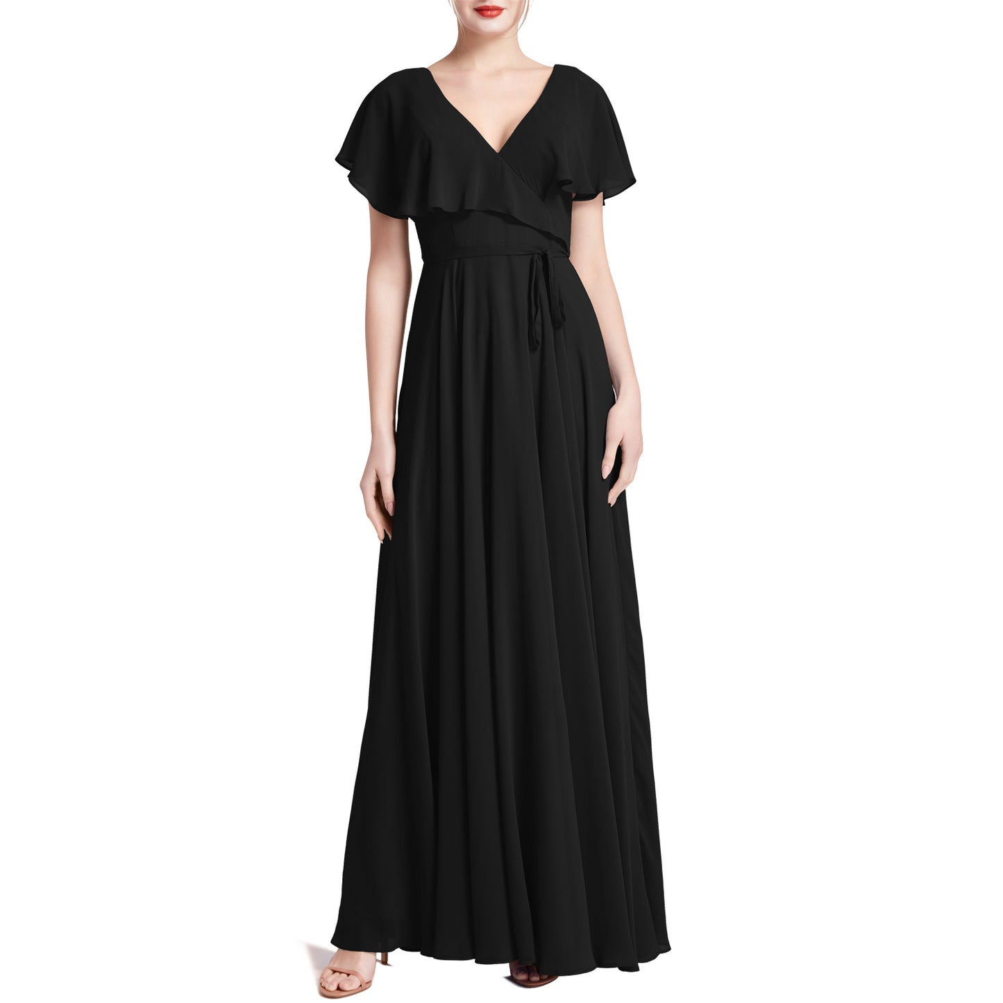 MACloth Women V Neck Ruffle BatWing Short Sleeve Maxi Wedding Bridesmaid Dresses